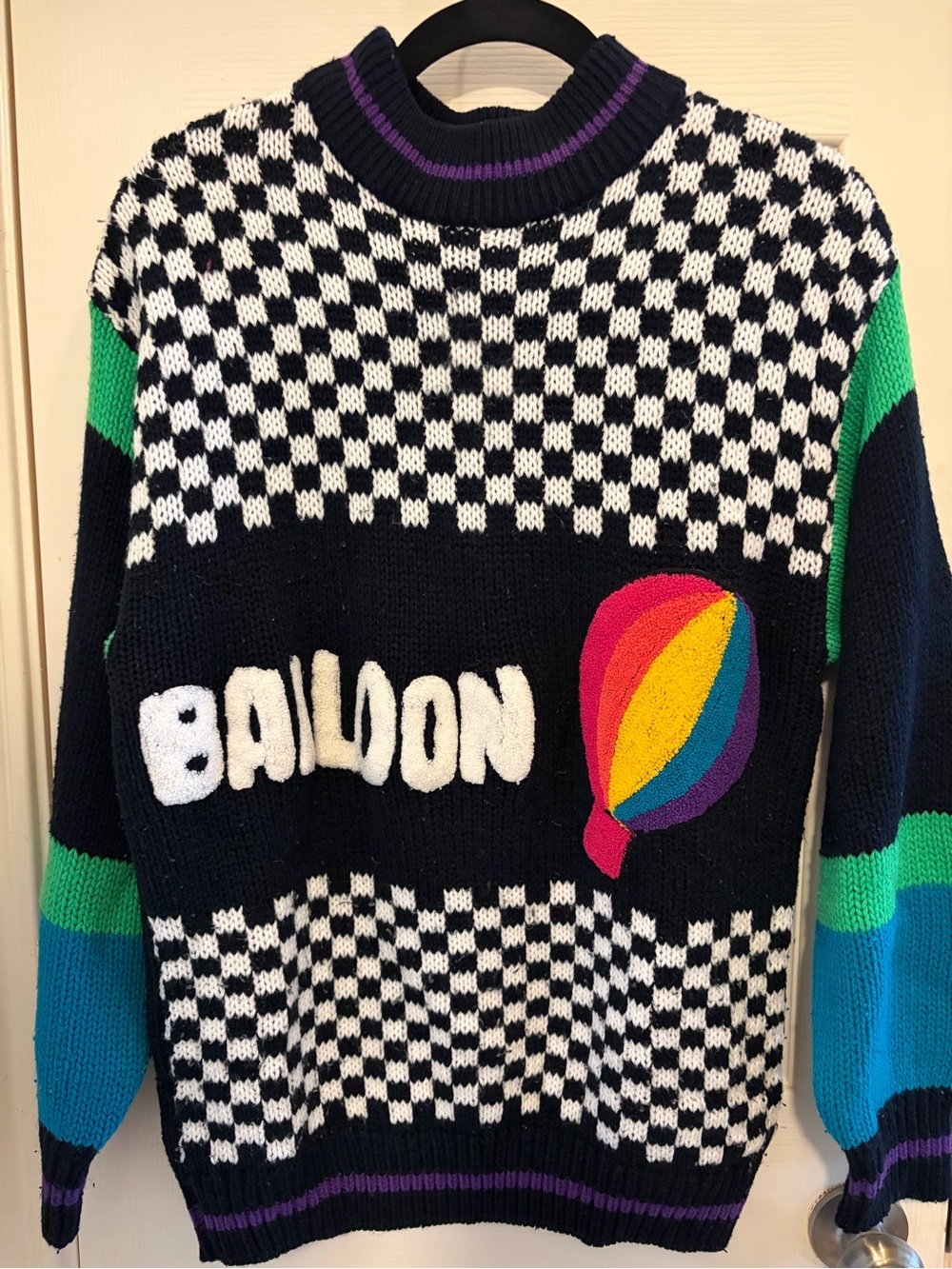 Checkerboard Balloon Crewneck Sweater in Black and White with Colorful Accents